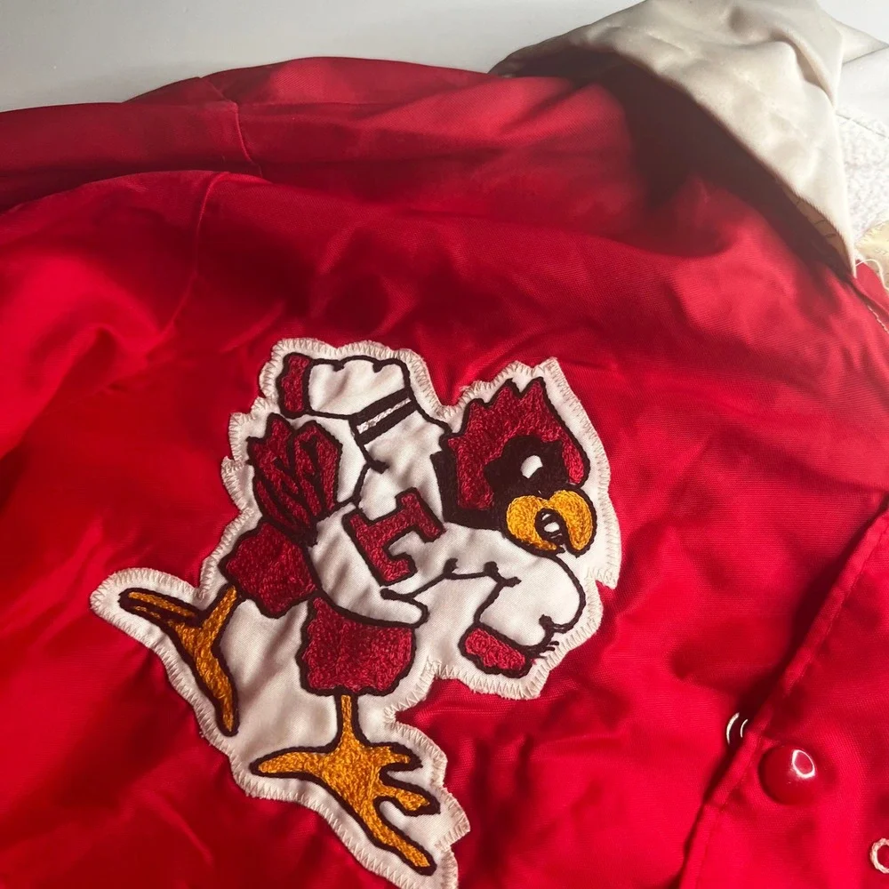 Vintage DeLong Sportswear Red Varsity Jacket Cardinal Mascot Mens Medium USA